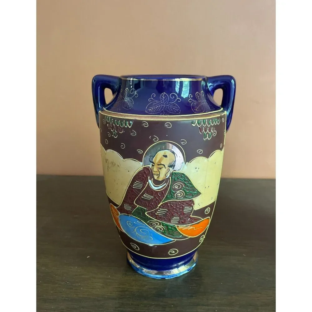 Vintage Japan Cobalt Hand Painted Vase Set Pair 8